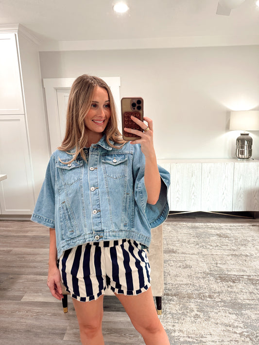 Hidden Contrast Striped Shorts - Navy/Cream