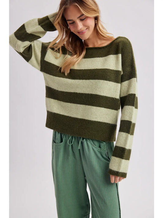 Striped Boatneck Sweater - Forest/Lime