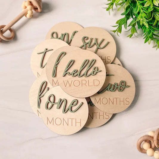 3D Wooden Monthly Milestone Discs w/ Sage Letters