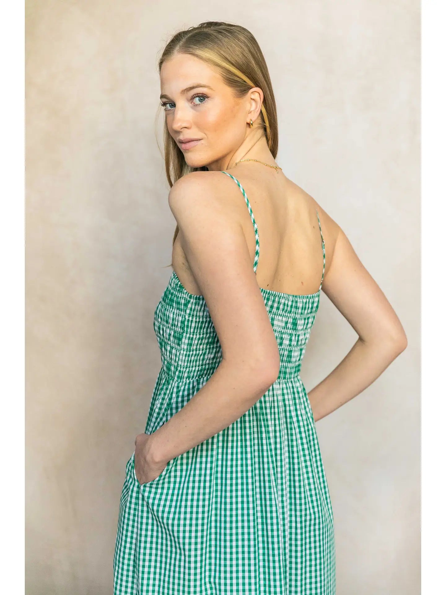 Green Gingham Smocked Bodice Dress