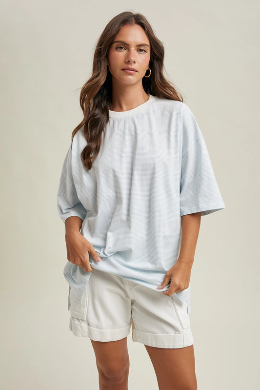 Oversized Striped Tee - Sky Blue/White