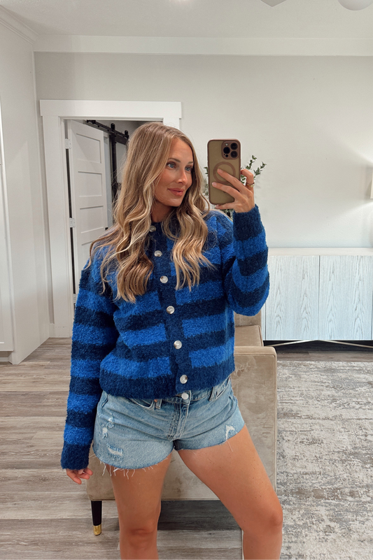 Brushed Striped Button-Up Cardigan