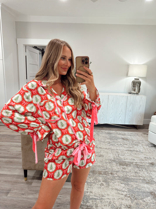 Satin Christmas Trees + Bows Pajama Set