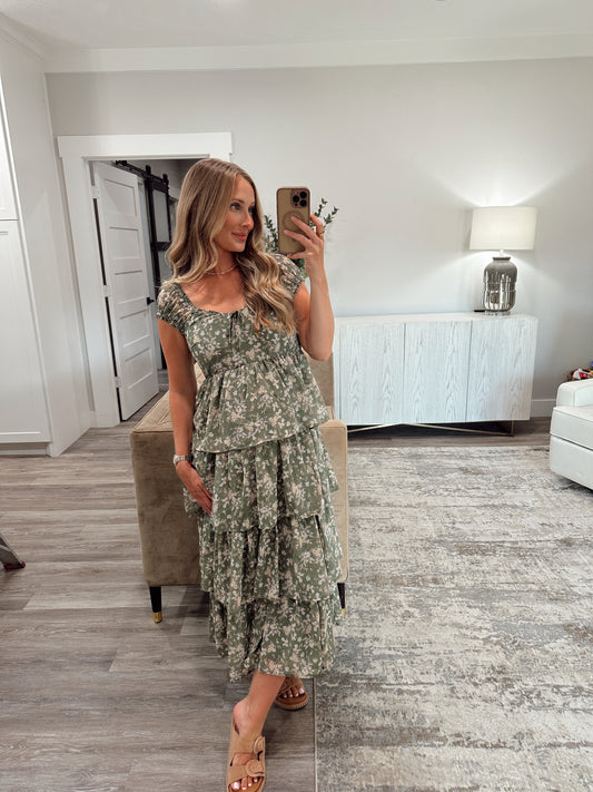 Olive Combo Tiered Midi Dress