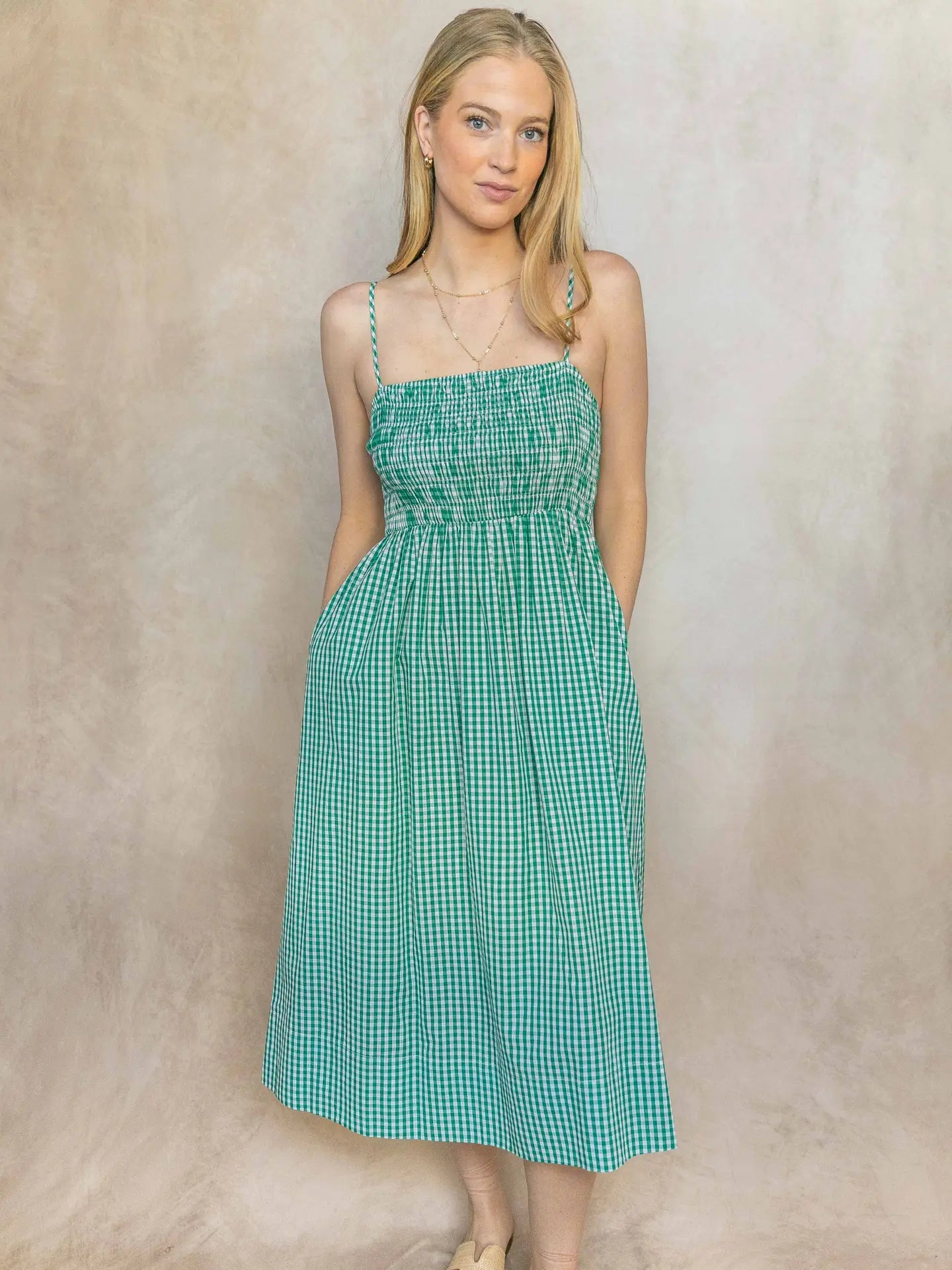 Green Gingham Smocked Bodice Dress