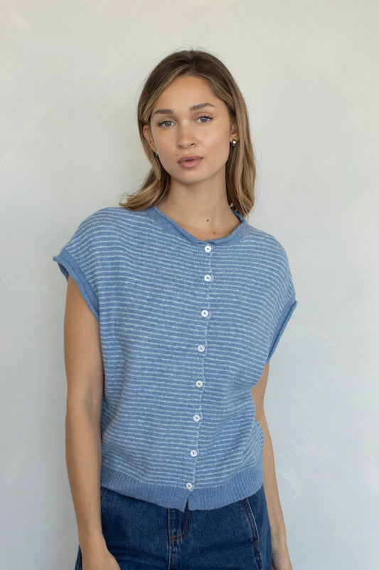 Striped Piper Vest Cardigan - Dusty Blue