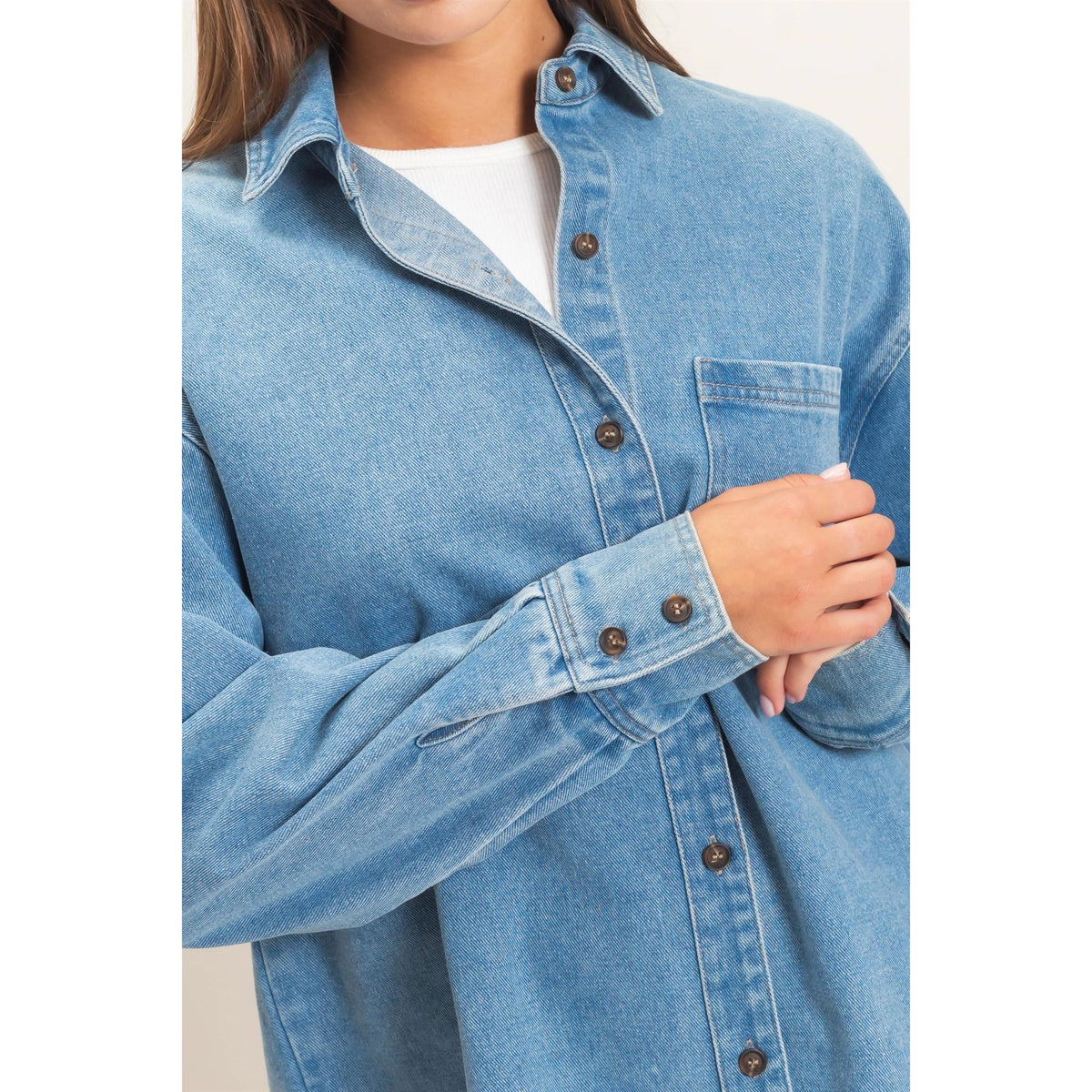 Denim Button-Up Collared Shirt