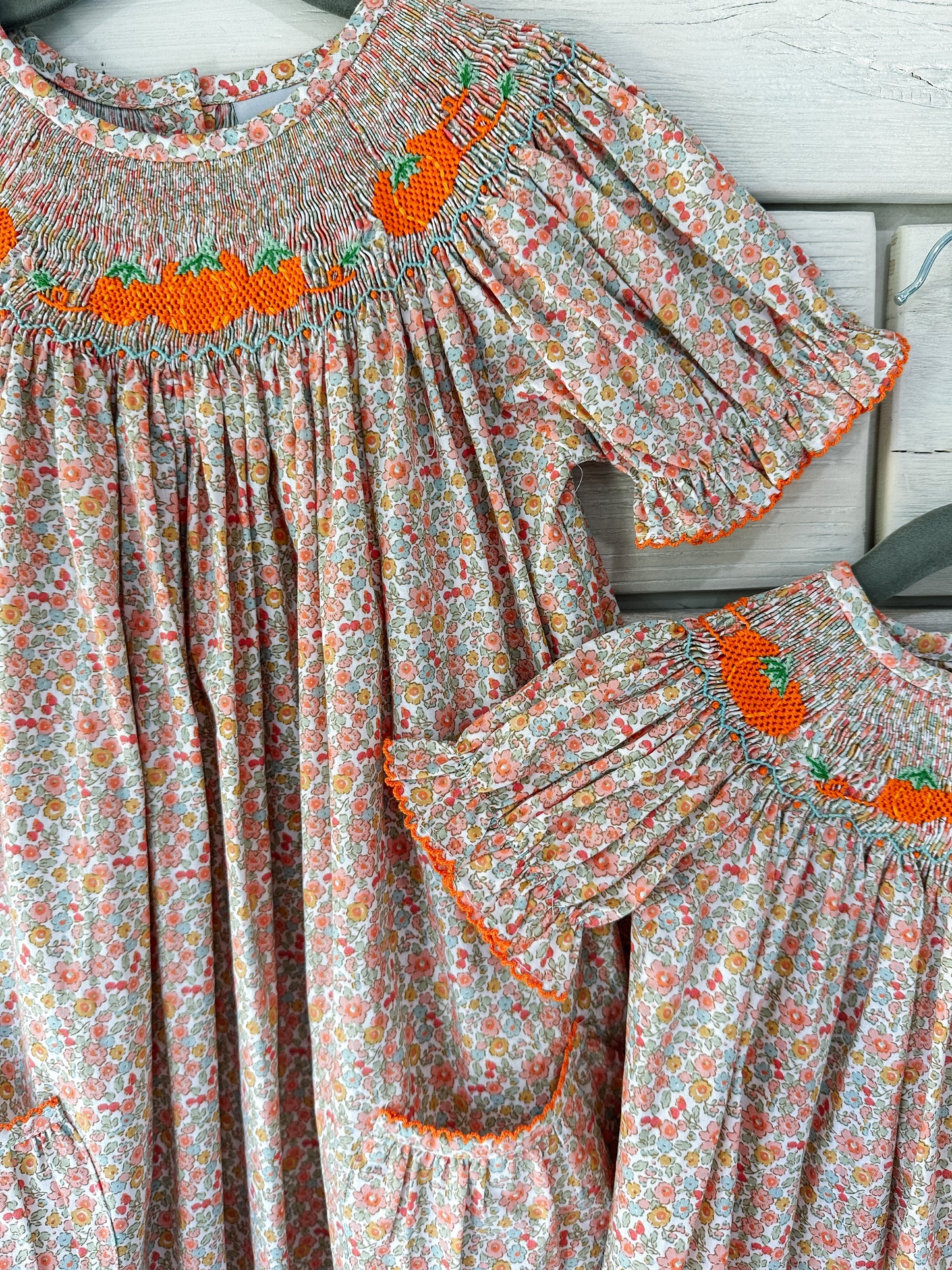 Fall Floral Smocked Pumpkins Bishop Dress