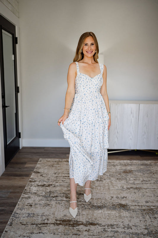 Blue Blooms Tiered Midi Dress