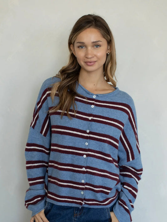 Varsity Stripe Piper Cardigan - Dusty Blue