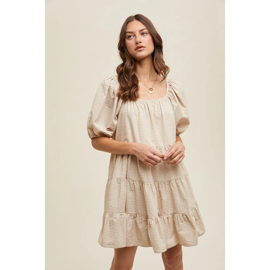 Gingham Puff Sleeve Tiered Dress