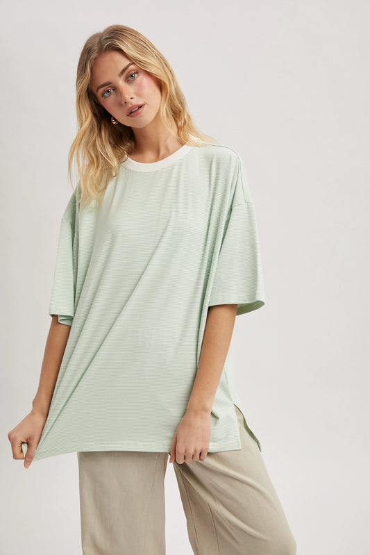 Oversized Striped Tee - Mint/White