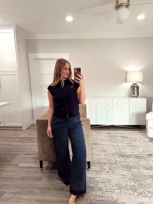 Navy Striped Scallop Edge Pants