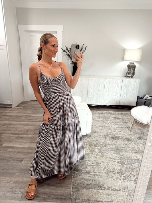 Smocked Bodice Checkered Maxi