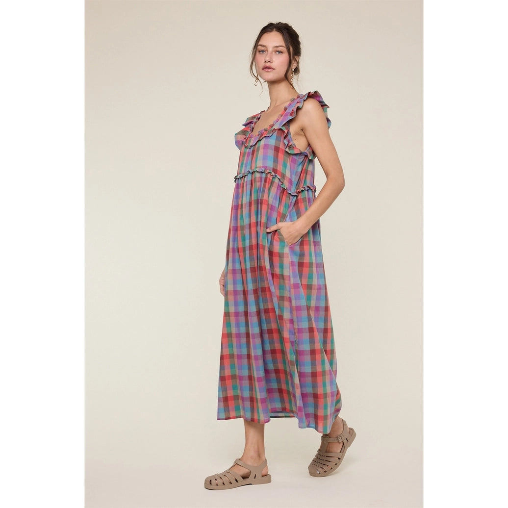 Rainbow Plaid Ruffle Sleeve Midi Dress