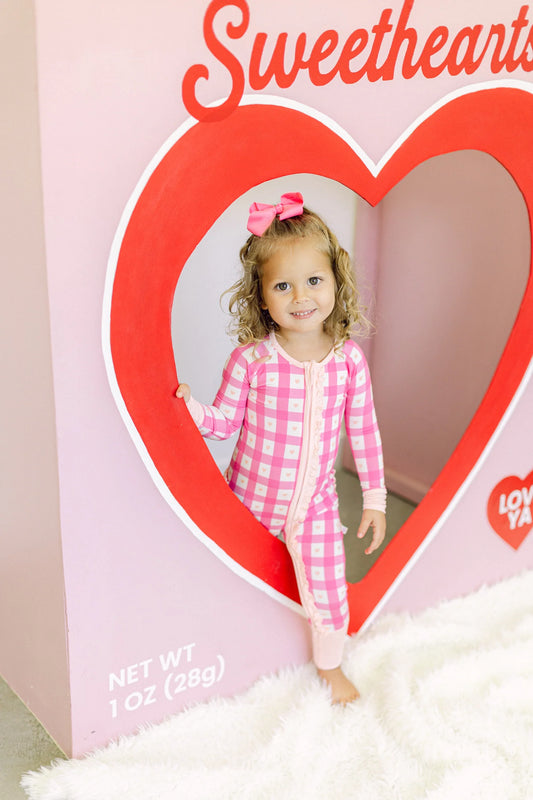 Poppy Kids Co. Pink Heart Check Premium Ruffle Romper