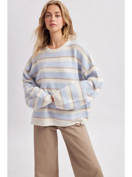 Oversized Multi Striped Crew Neck Sweater - Sky/Cream