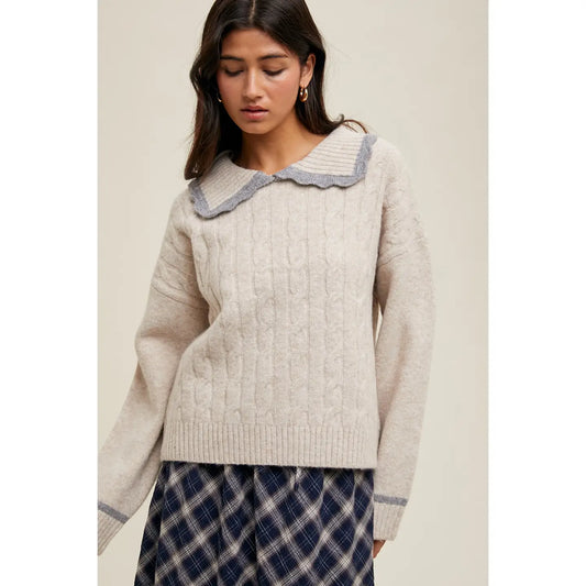 Contrast Collar Cable Knit Sweater
