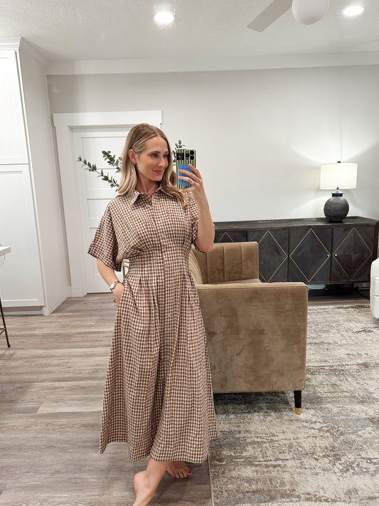 Woven Cotton Gingham Button Down Maxi