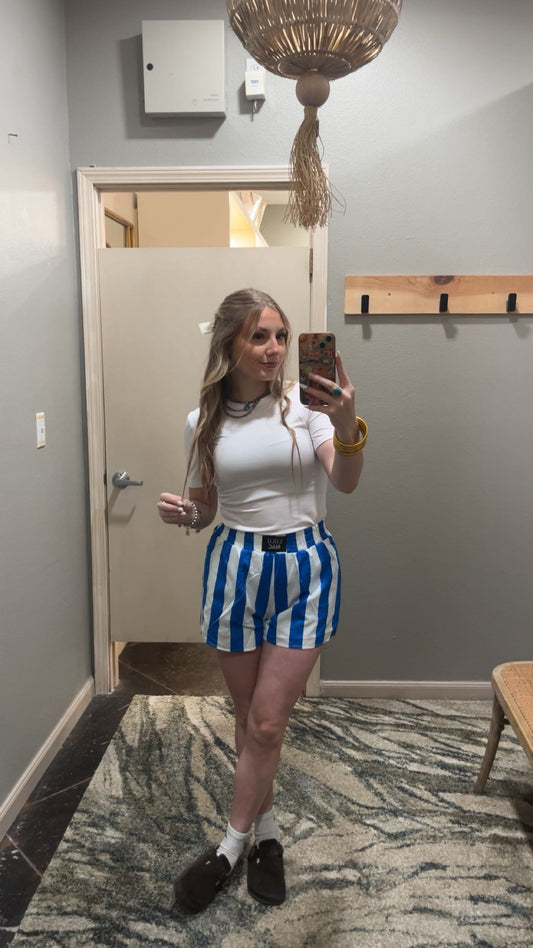 LULU MAC BLUE AND WHITE STRIPED SHORTS