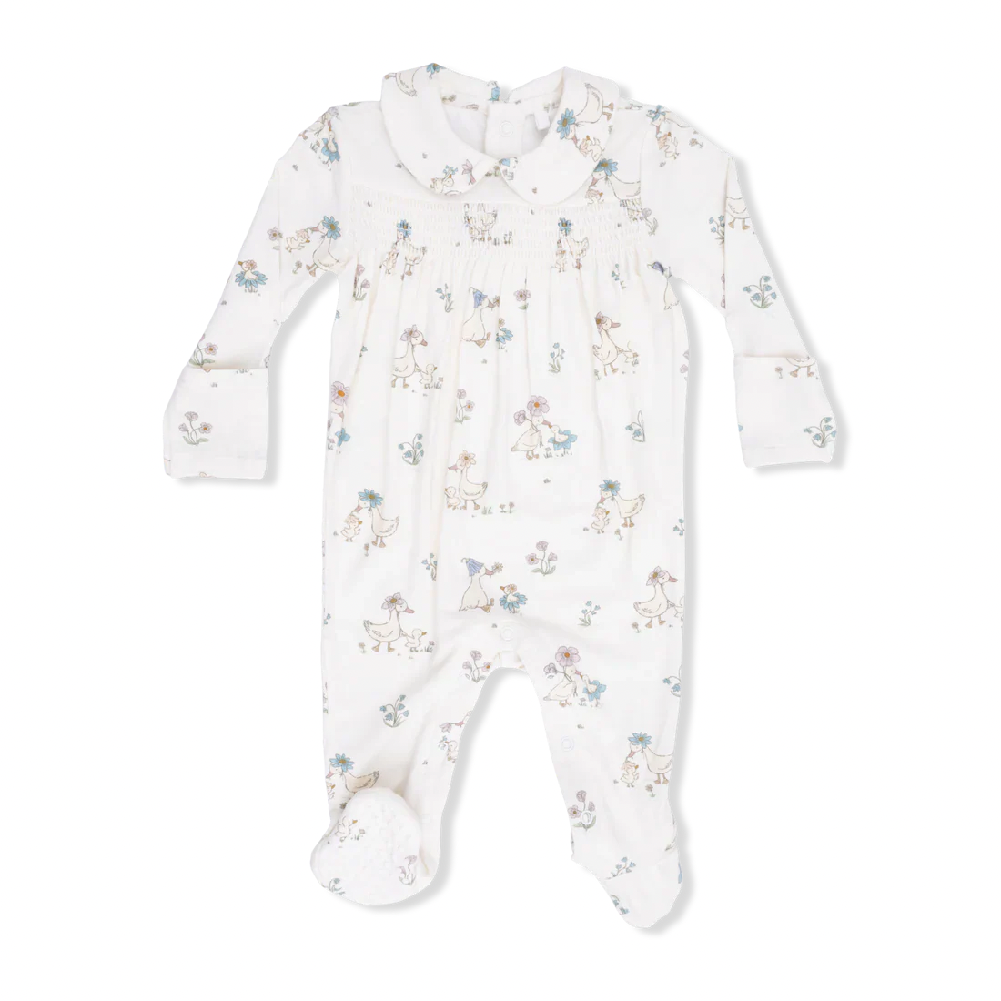 Angel Dear Smocked Peter Pan Snap Footie | Flower Ducklings