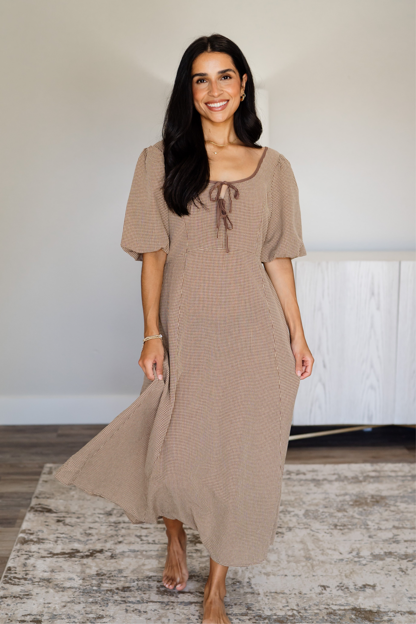 Brown/taupe gingham bow dress