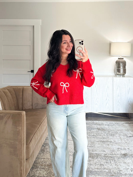 Bow Embellished Drop Shoulder Sweater