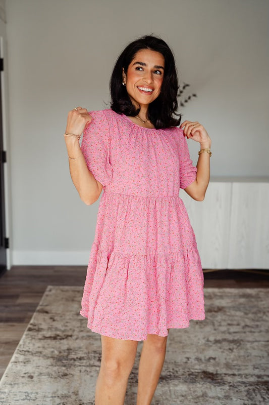 Textured Tiered Pink Floral Dress