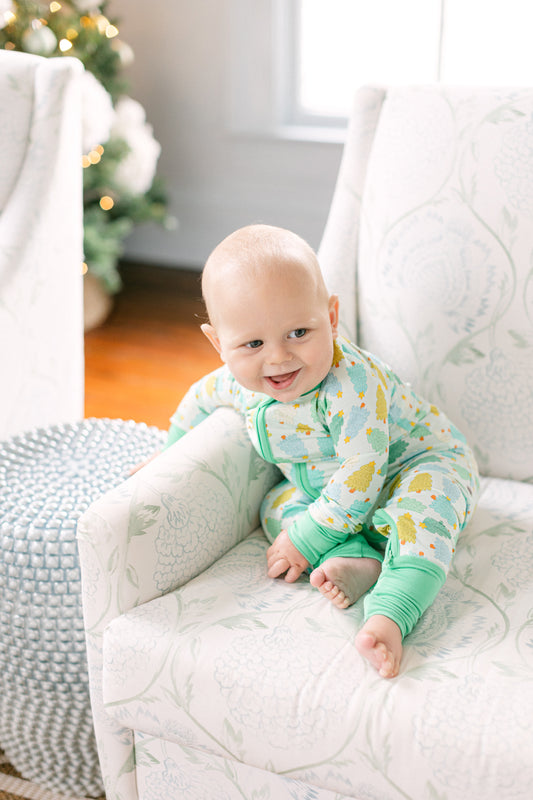 Poppy Kids Co. Green Christmas Tree Premium Zipper Romper