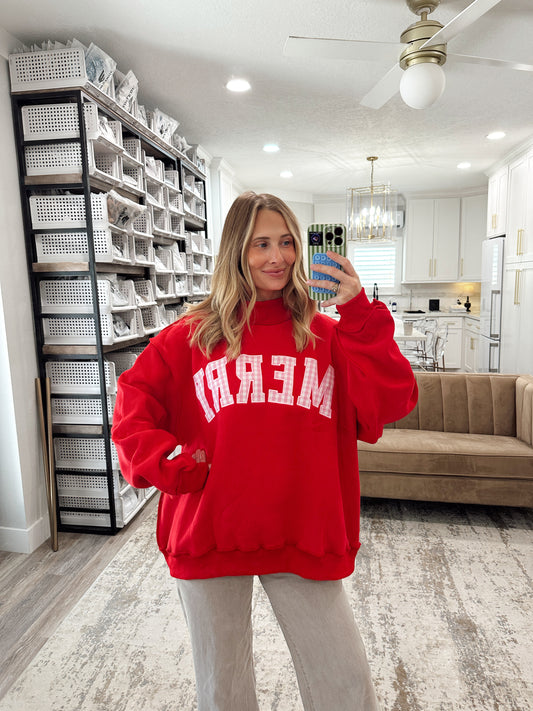 Oversized Merry Embroidered Mock Neck