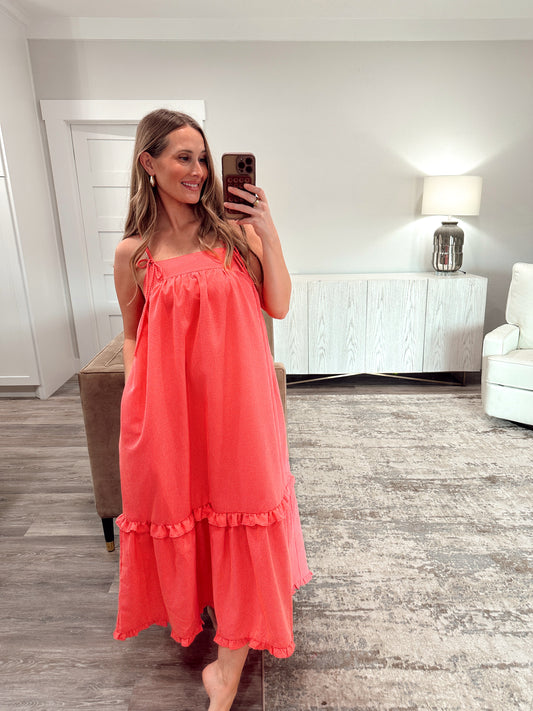 Gingham Ruffle Maxi Dress - Orange Pink
