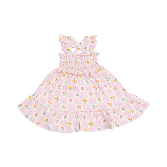 Angel Dear Floral Check Smocked Ruffle Sundress