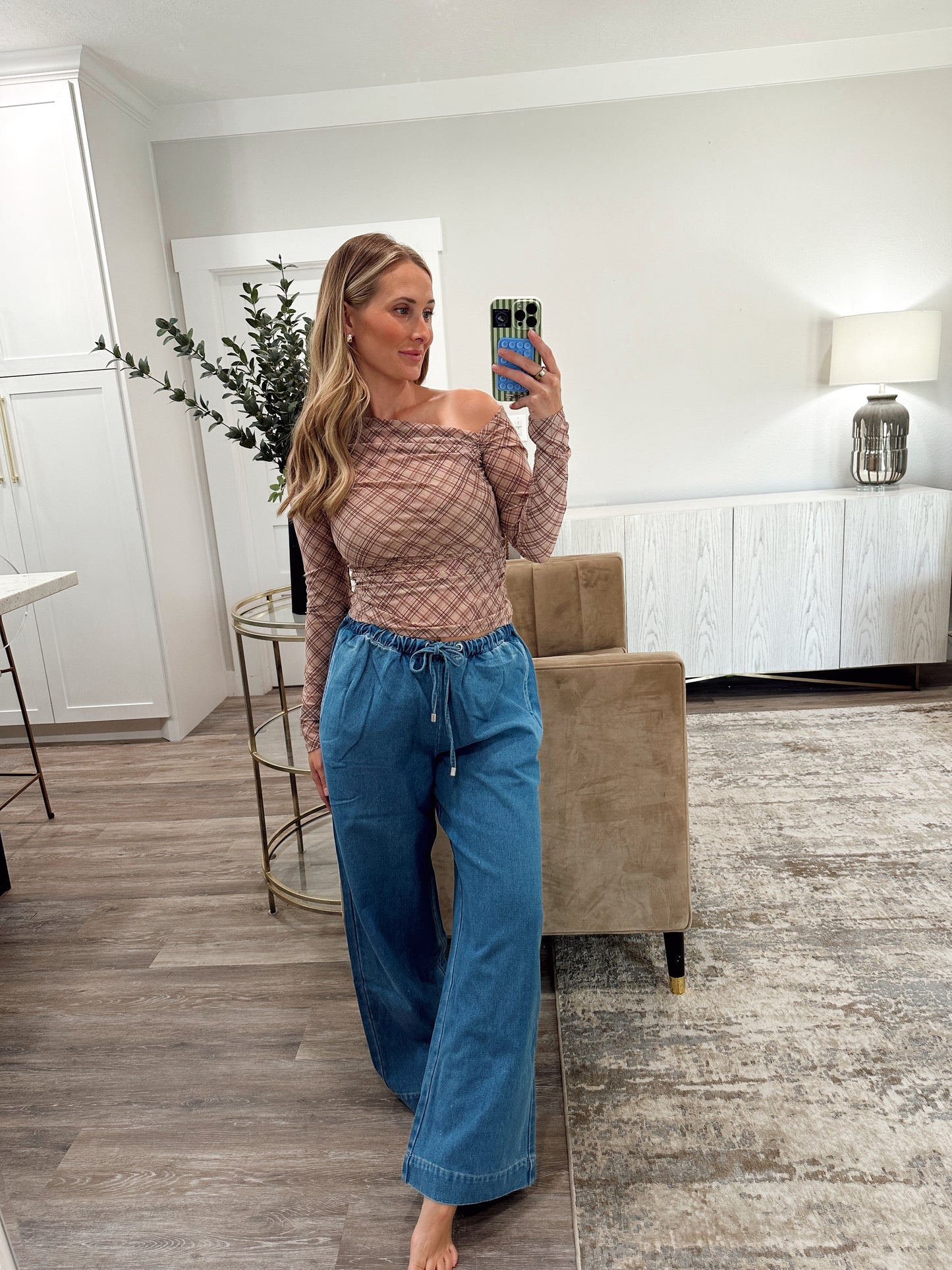 Elastic Waist Wide Leg Denim Pants - Medium Wash