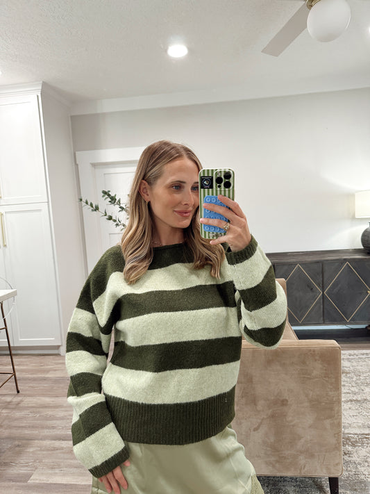Striped Boatneck Sweater - Forest/Lime