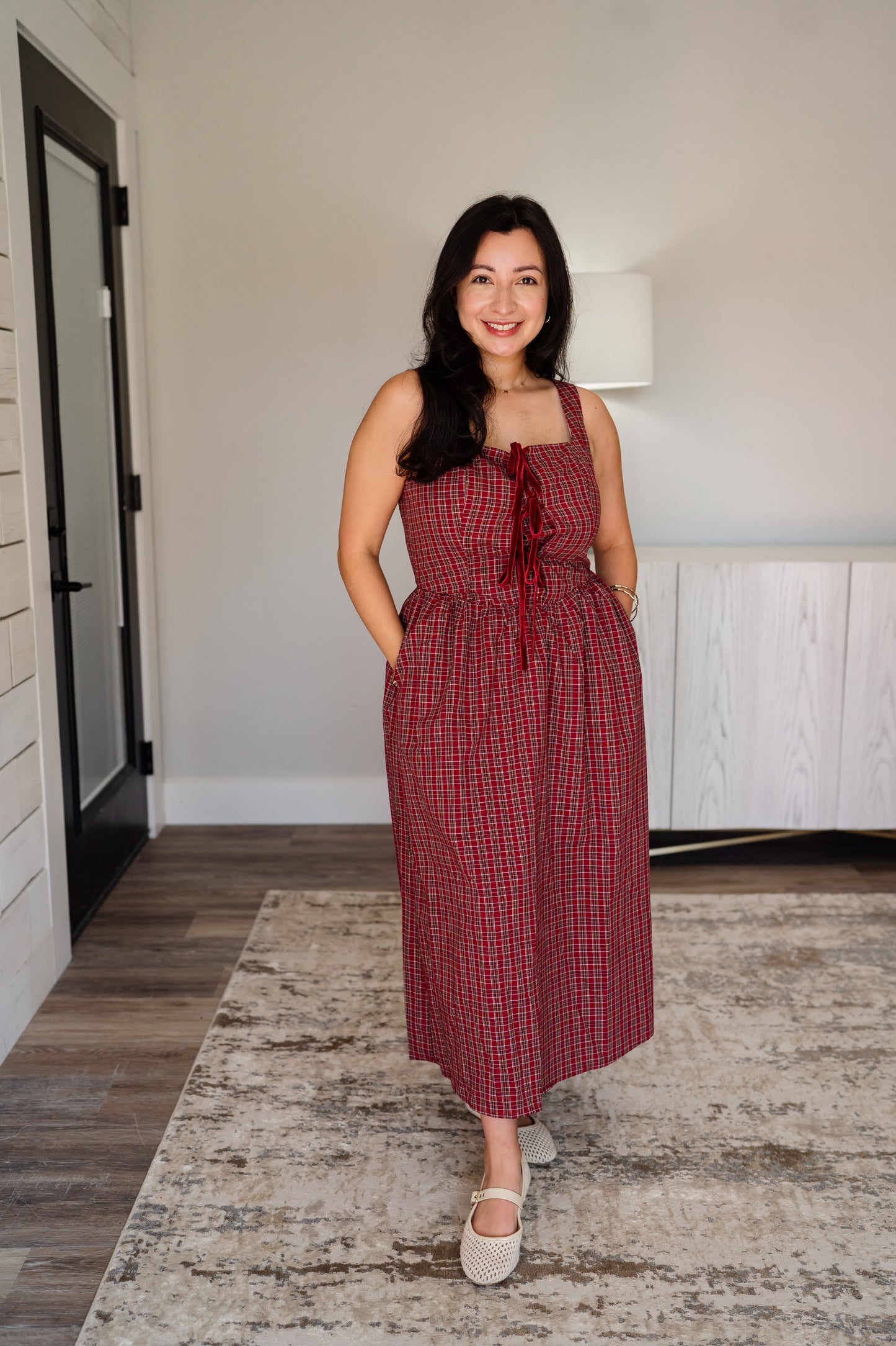 Berry Plaid Front Tie Midi Dress