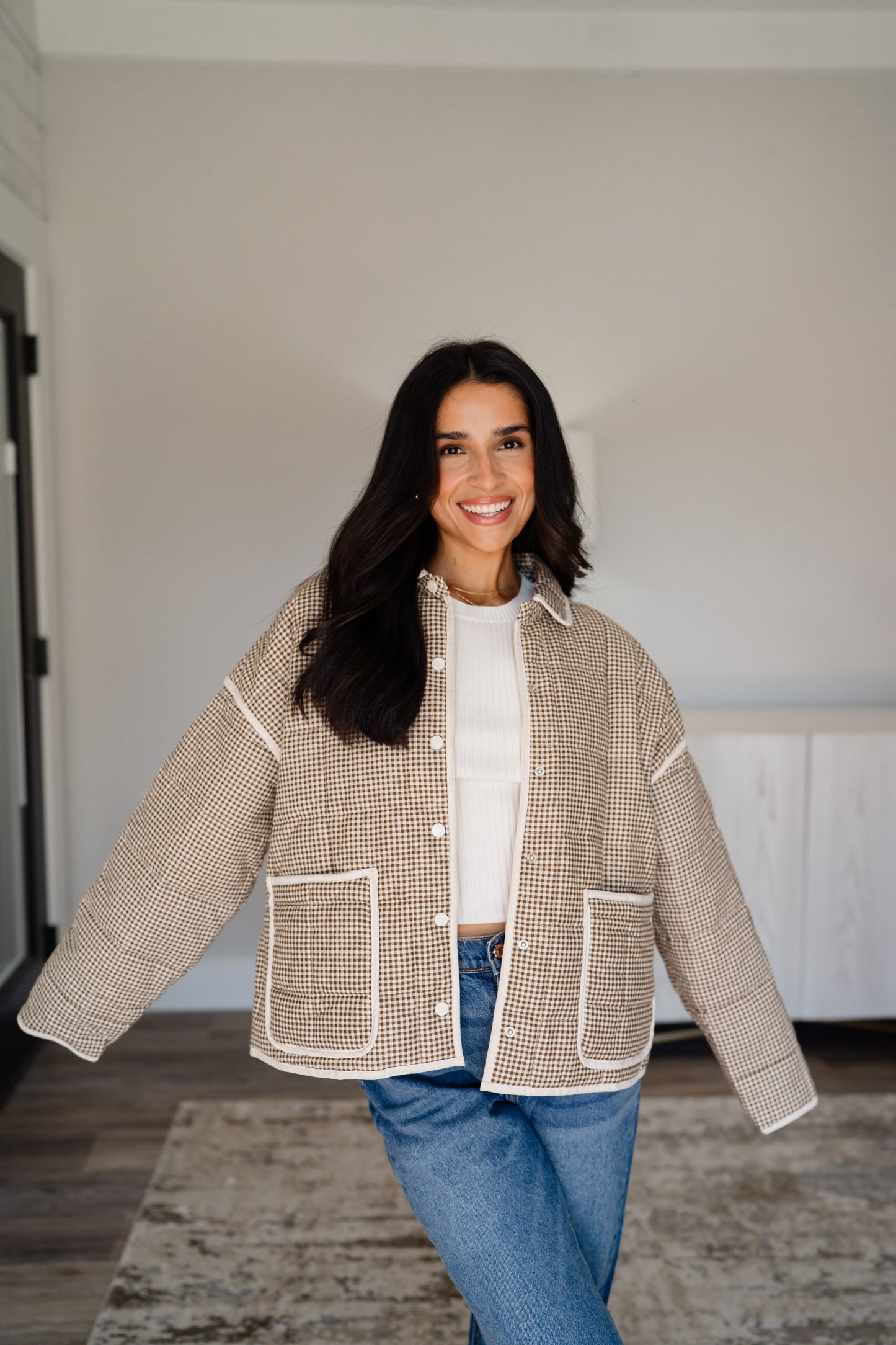 Gingham Piping Jacket - Mocha/Cream