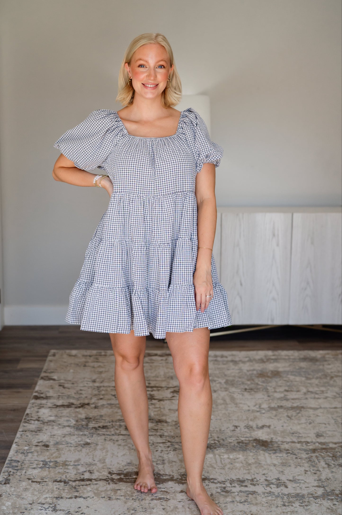Plaid Puff Sleeve Tiered Dress - Black/Cream