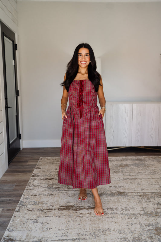 Berry Plaid Front Tie Midi Dress