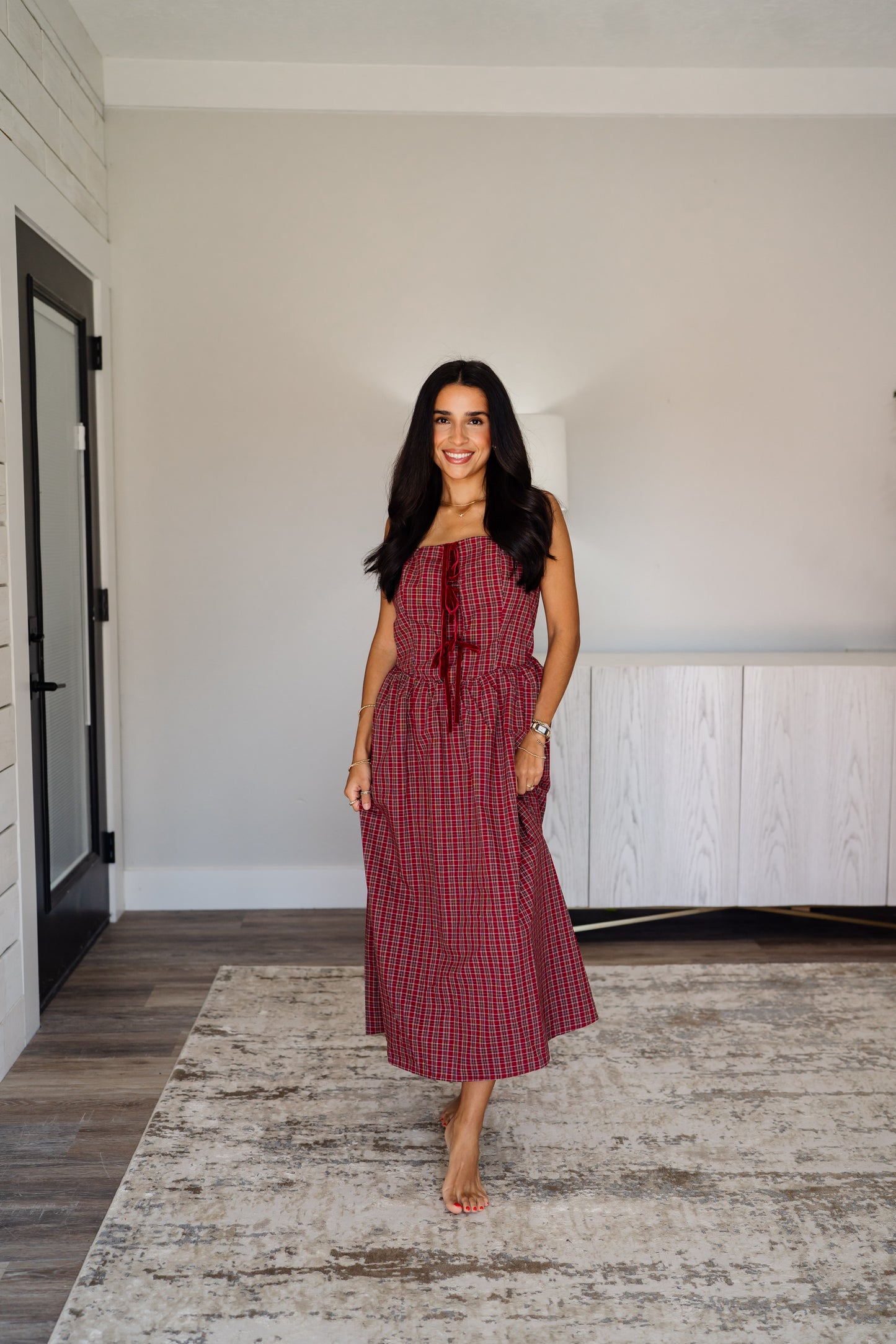 Berry Plaid Front Tie Midi Dress