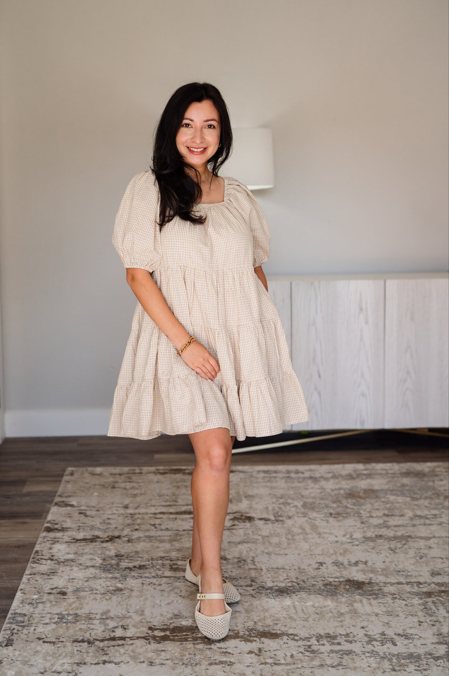 Gingham Puff Sleeve Tiered Dress - Ivory/Mocha