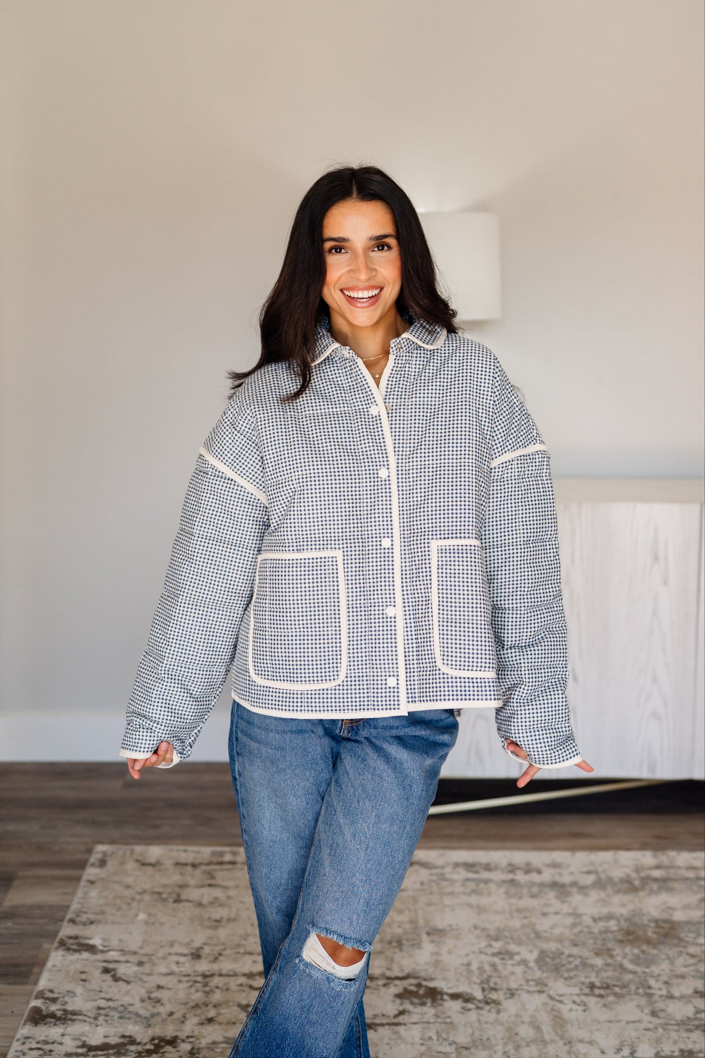 Gingham Piping Jacket - Deep Blue/Cream
