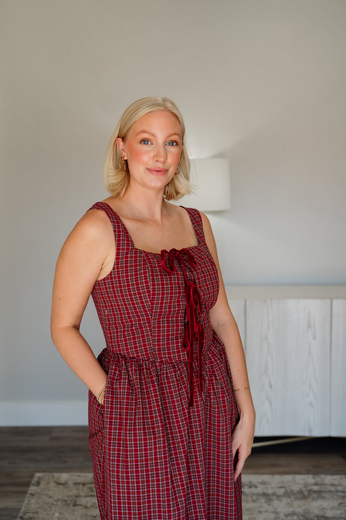 Berry Plaid Front Tie Midi Dress