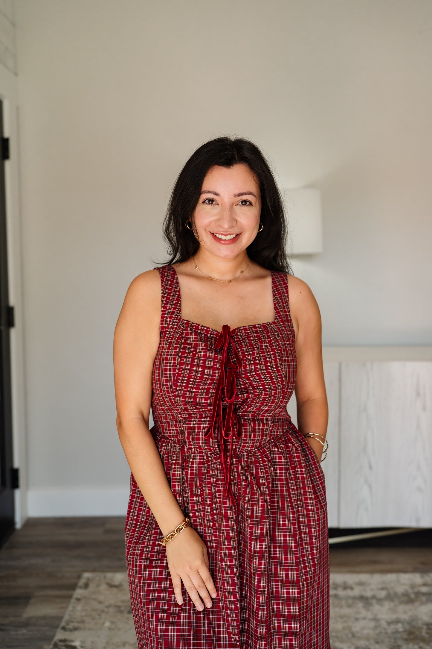 Berry Plaid Front Tie Midi Dress