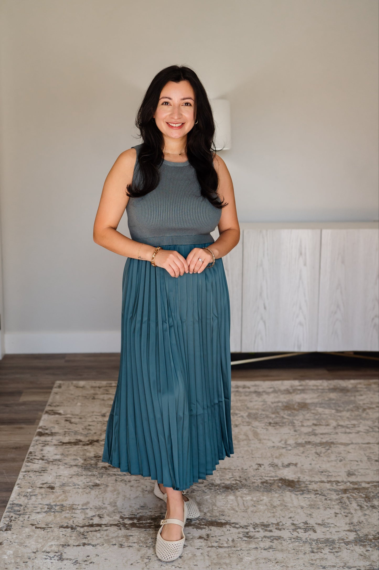 Mixed Media Pleated Midi Dress