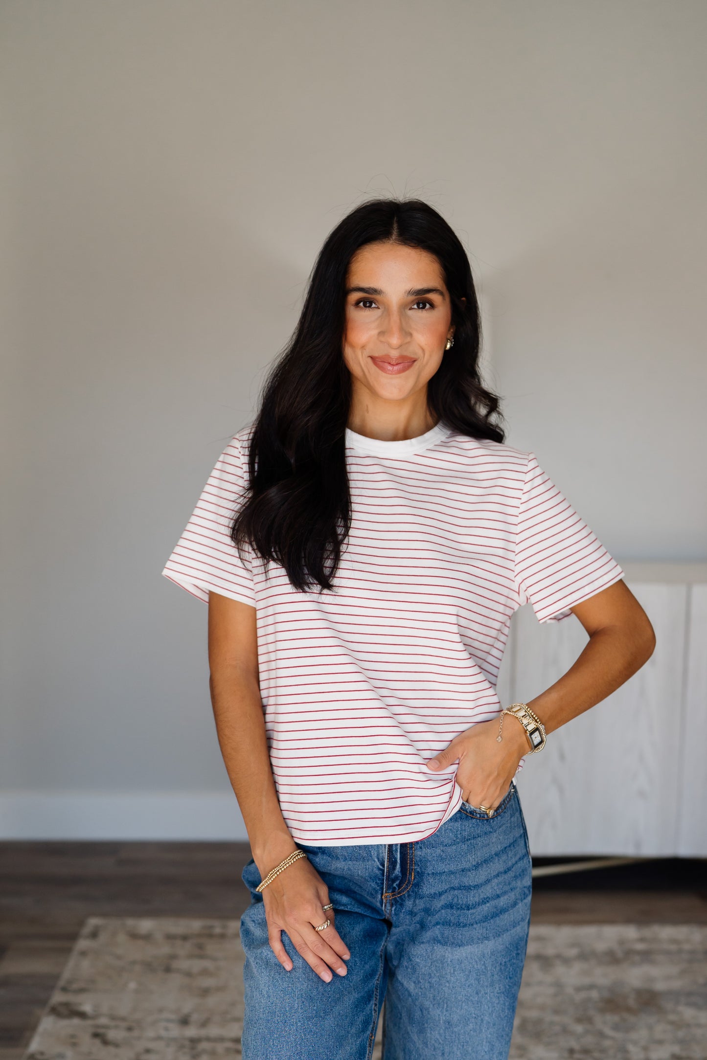 Ivory/Red Pinstriped Tee