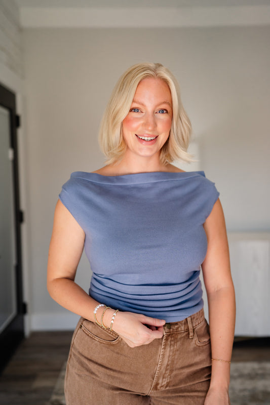Wide Neck Pleated Knit Top