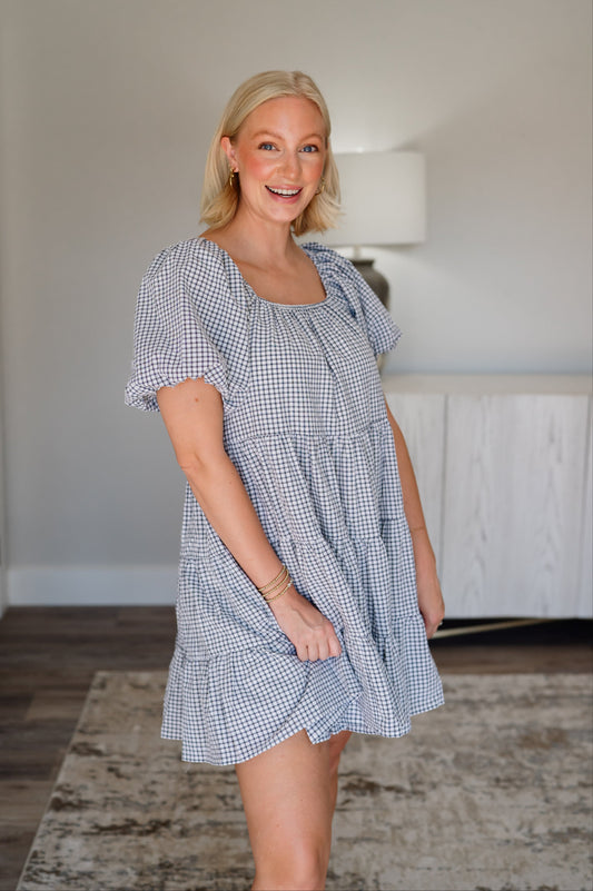 Plaid Puff Sleeve Tiered Dress - Black/Cream