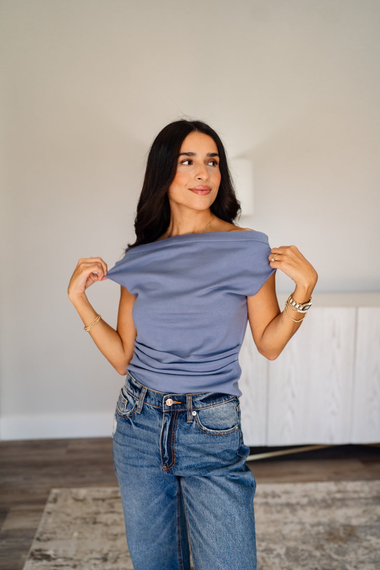 Wide Neck Pleated Knit Top
