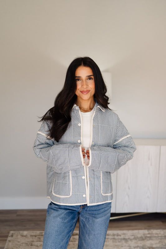Gingham Piping Jacket - Deep Blue/Cream