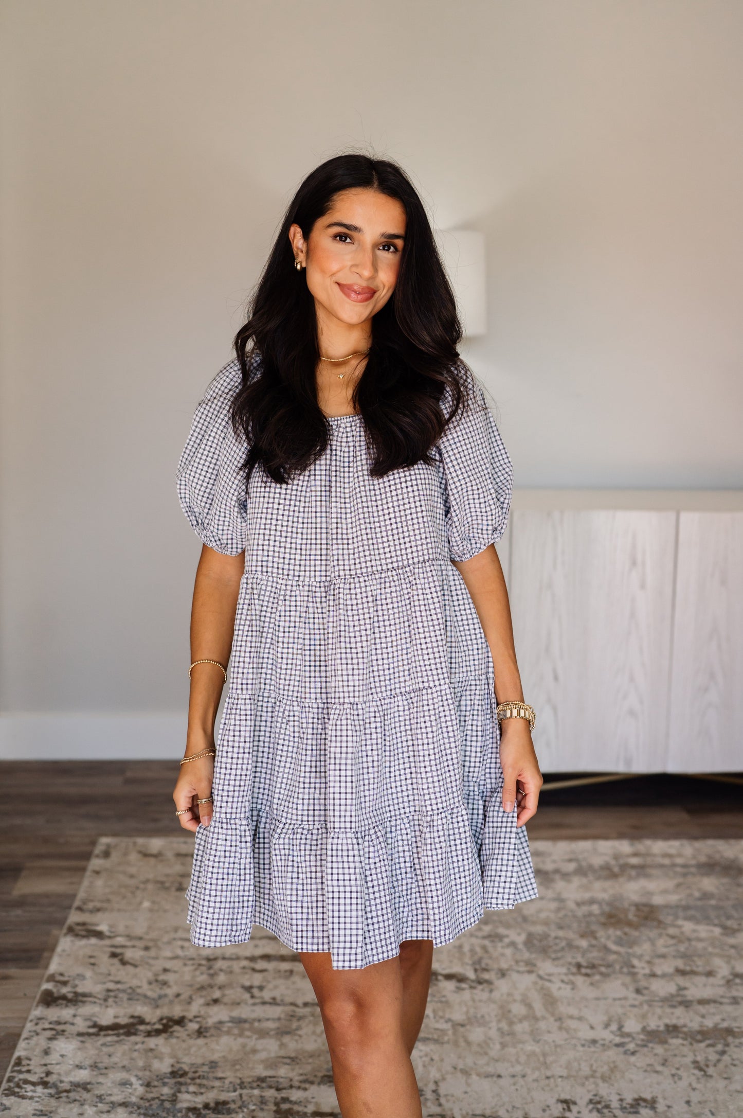 Plaid Puff Sleeve Tiered Dress - Black/Cream